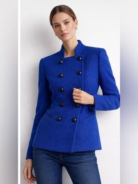 Vintage Christian Dior Blue Wool Double Breasted Military Blazer Jacket Size 6